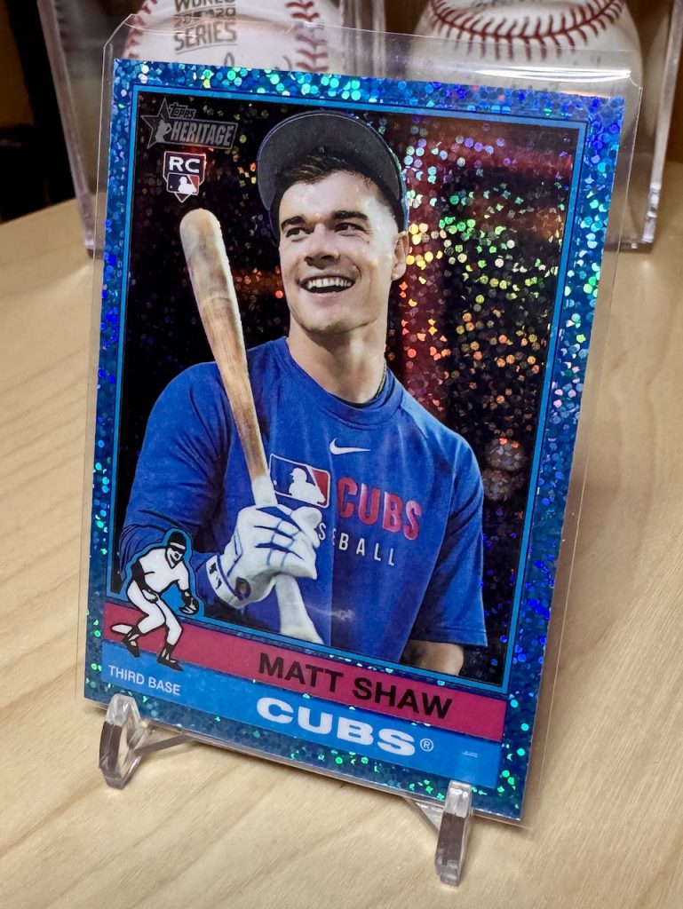 2025 Topps Heritage High Number #712 Matt Shaw Rookie Chrome Light Blue Sparkle Refractor SP parallel reflection